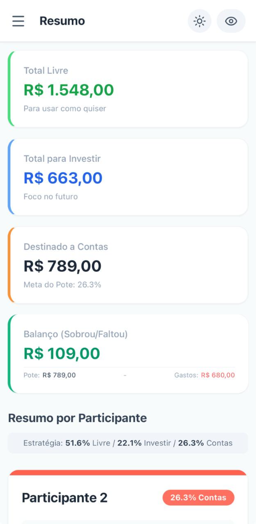 Tela real de resumo financeiro do Dinheiro no Bolso