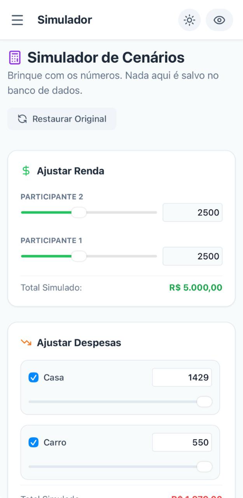 Tela real de simulador de cenarios do Dinheiro no Bolso